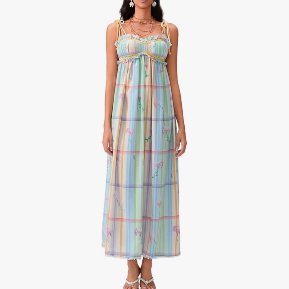 BOHO Maxi Dress Size L Brand New. Tie shoulder multi colored